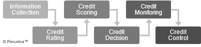 This illustrates the key elements of the credit management process, starting with information collection, then credit rating, scoring, credit decision, monitoring and credit control.